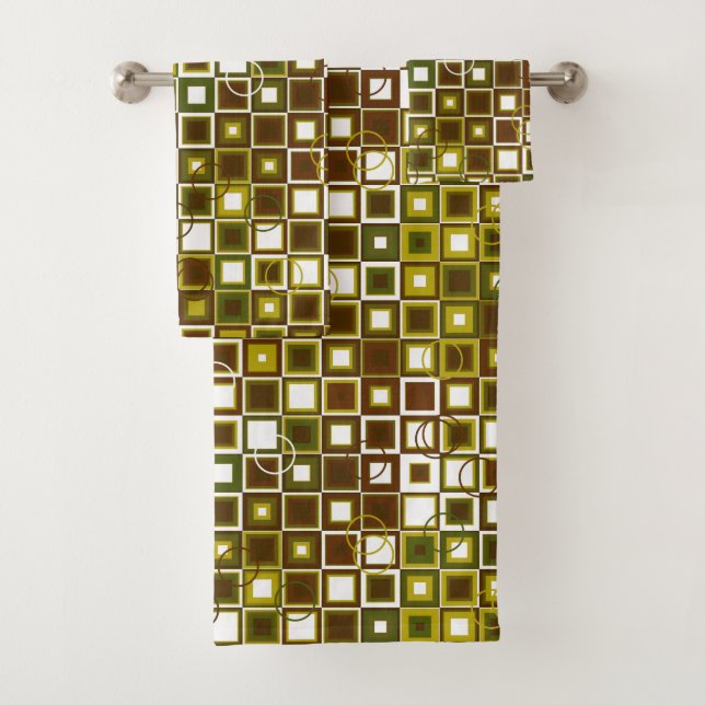Olive Green and Brown Geometric Square Pattern Bath Towel Set (Insitu)