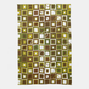 Olive Green and Brown Geometric Square Pattern Tea Towel