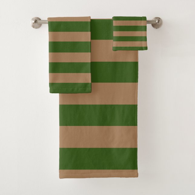 Olive Green and Brown Modern Stripes Striped  Bath Towel Set (Insitu)