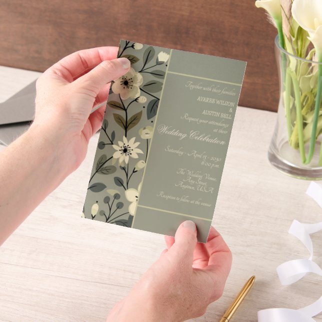 Olive Green and Champagne Floral Framed  Wedding Vellum Invitations (Handheld)