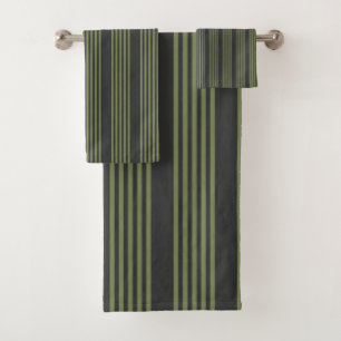 Olive green and charcoal five stripes pattern bath towel set