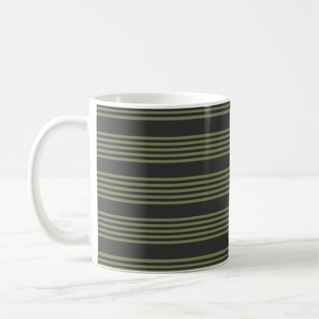Olive green and charcoal five stripes pattern coffee mug (Left)