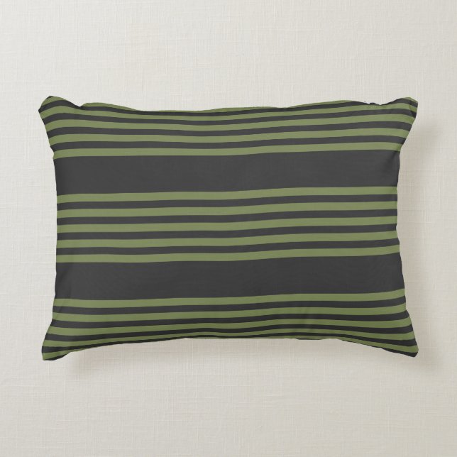 Olive green and charcoal five stripes pattern decorative cushion (Front)