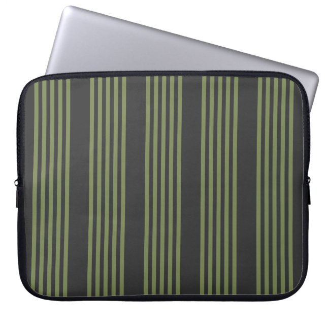 Olive green and charcoal five stripes pattern laptop sleeve (Front)