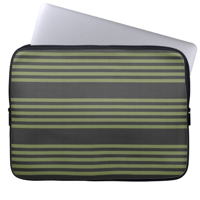 Olive green and charcoal five stripes pattern laptop sleeve (Front)