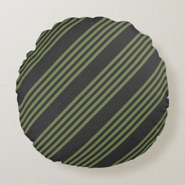 Olive green and charcoal five stripes pattern round cushion (Front)