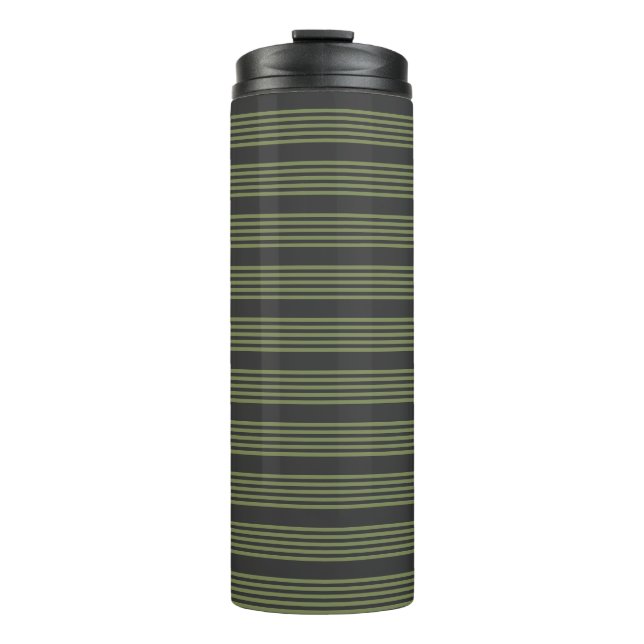 Olive green and charcoal five stripes pattern thermal tumbler (Front)