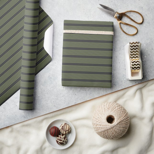 Olive green and charcoal five stripes pattern wrapping paper (Crafts)
