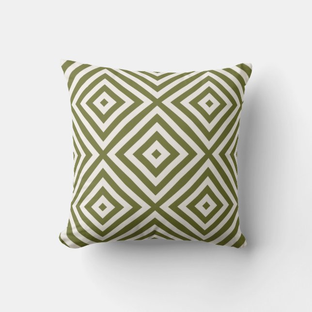 Olive Green and Cream Diamond Geometric Pattern Cushion (Front)