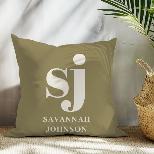 Olive green and cream monogram initials  cushion