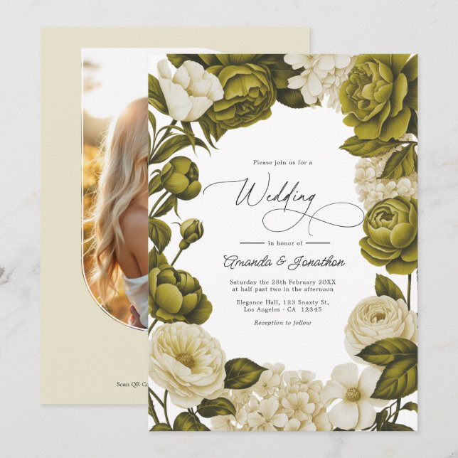 Olive Green and Cream Watercolor Floral Wedding Invitation (Front/Back)