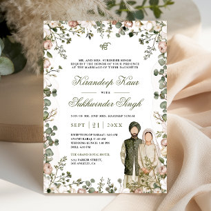 Olive Green and Dusty Rose Floral Sikh Wedding Invitation
