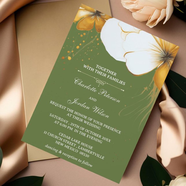 Olive Green and Gold Floral Wedding Invitation (Creator Uploaded)