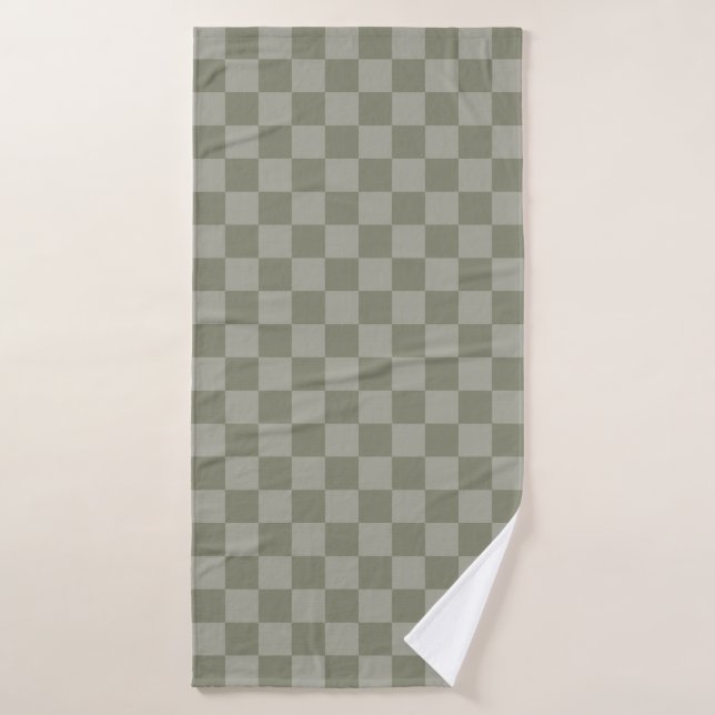 Olive Green and Grey Chequered Pattern Design Bath Towel Set (Bath Towel)