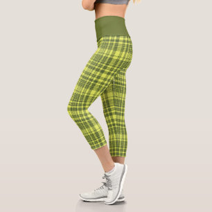 Olive Green and Lime Yellow Plaid Tartan Capri Leggings