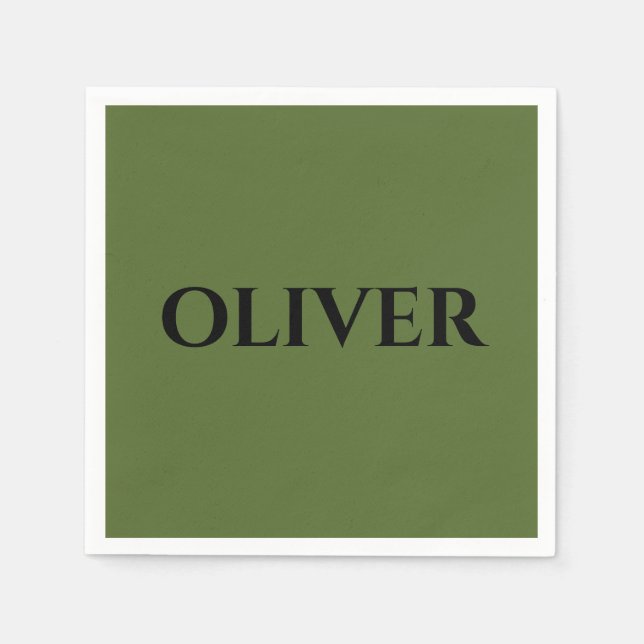 Olive Green and Minimalist Black Name   Napkin (Front)