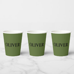Olive Green and Minimalist Black Name Paper Cups
