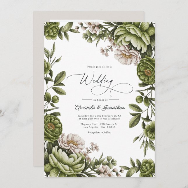 Olive Green and Neutral Floral Wedding QR Code Invitation (Front/Back)