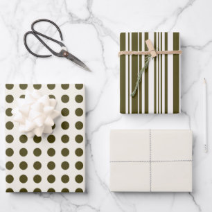 Olive Green and Old Lace Polka Dots and Stripes Wrapping Paper Sheet