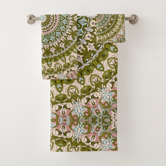 Olive Green and Pastel Mandala Pattern Bath Towel Set (Insitu)