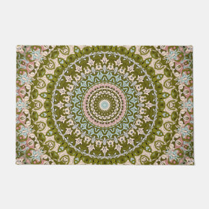 Olive Green and Pastel Mandala Pattern Doormat