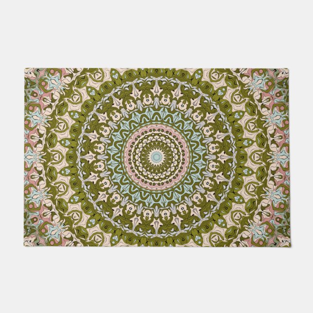 Olive Green and Pastel Mandala Pattern Doormat (Front)