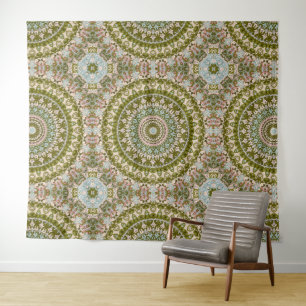 Olive Green and Pastel Mandala Pattern Tapestry