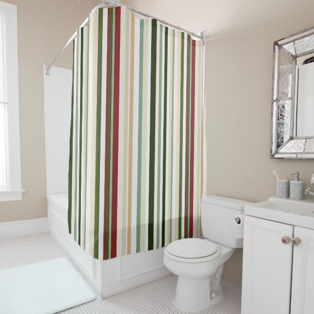Olive, green and red Stripes Shower Curtain (In Situ)