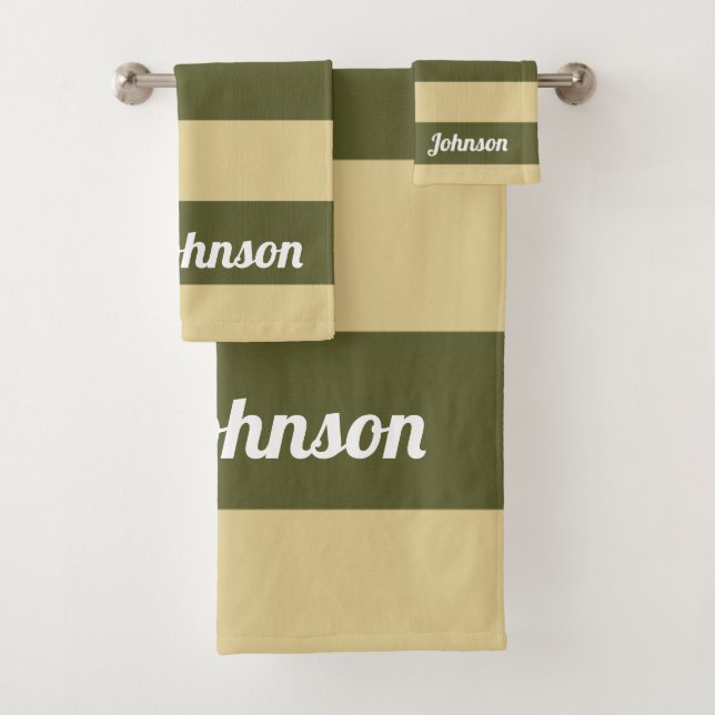 Olive Green and Tan Stripes Bath Towel Set (Insitu)