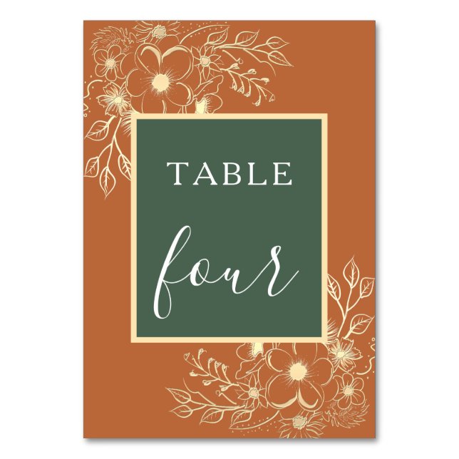Olive Green and Terracotta Wedding Table Number (Front)