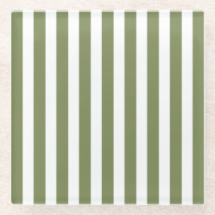 Olive green and white candy stripes glass coaster