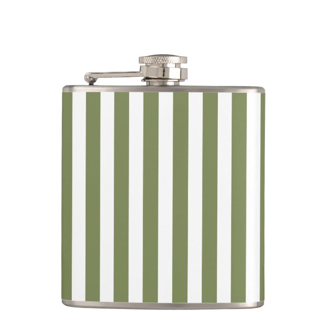 Olive green and white candy stripes hip flask (Front)