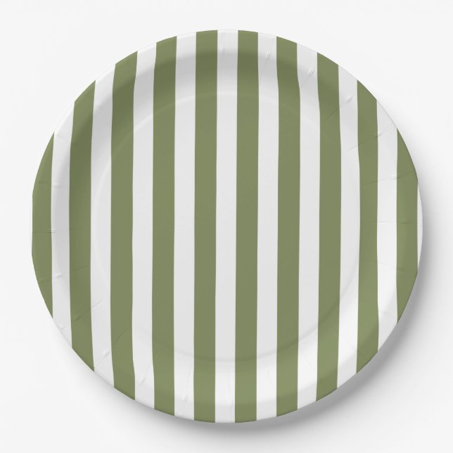 Olive green and white candy stripes paper plate (Front)