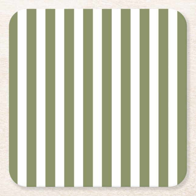Olive green and white candy stripes square paper coaster (Front)