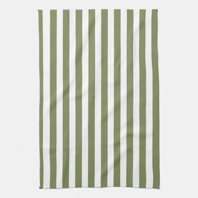 Olive green and white candy stripes tea towel (Vertical)