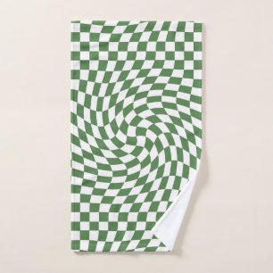 Olive Green and White checkered pattern wave Hand Towel