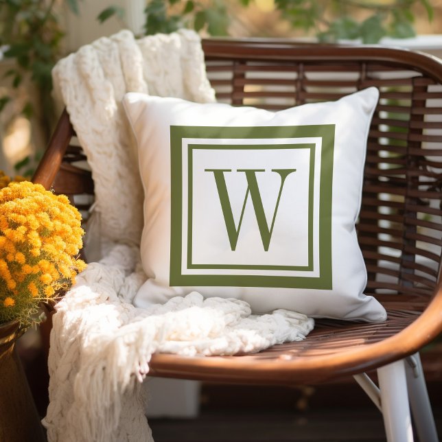 Olive Green and White Classic Square Monogram Cushion (Creator Uploaded)