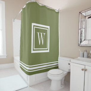 Olive Green and White Classic Square Monogram Shower Curtain