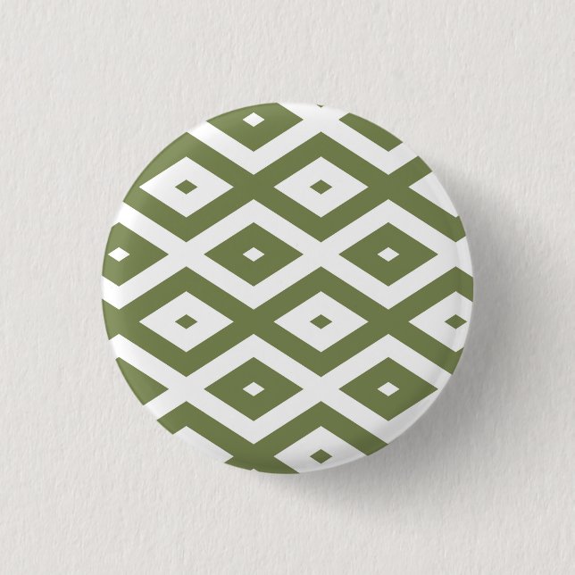 Olive green and white diamond pattern 3 cm round badge (Front)