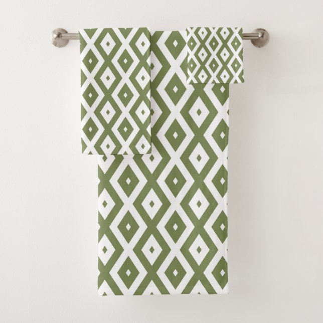 Olive green and white diamond pattern bath towel set (Insitu)