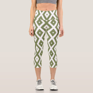 Olive green and white diamond pattern capri leggings
