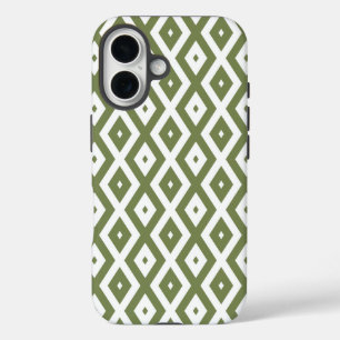 Olive green and white diamond pattern iPhone 16 case