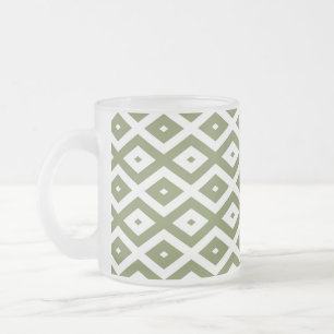 Olive green and white diamond pattern frosted glass coffee mug