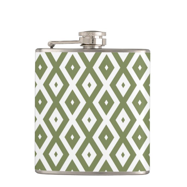 Olive green and white diamond pattern hip flask (Front)