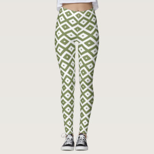 Olive green and white diamond pattern leggings