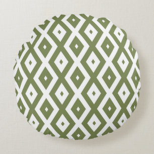 Olive green and white diamond pattern round cushion
