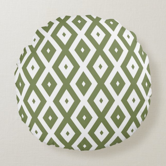 Olive green and white diamond pattern round cushion (Front)