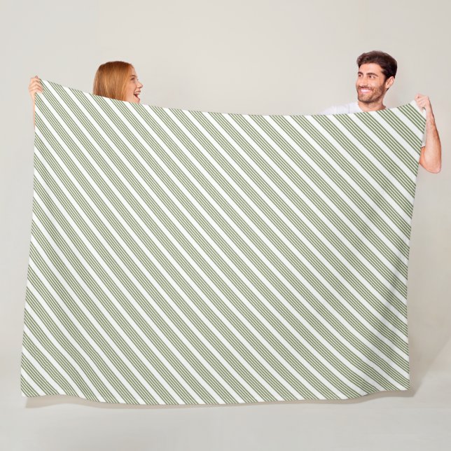 Olive green and white five stripe pattern fleece blanket (In Situ)
