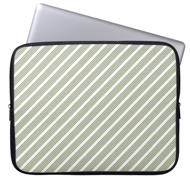 Olive green and white five stripe pattern laptop sleeve (Front)