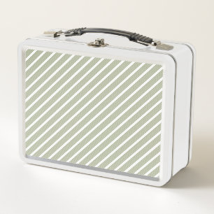Olive green and white five stripe pattern metal lunch box